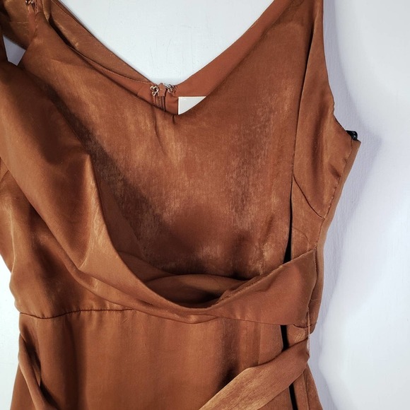 J.O.A. Anouk Satin Draped Shoulder Midi Dress S Side Slit Strappy Cocktail Brown - Picture 4 of 12